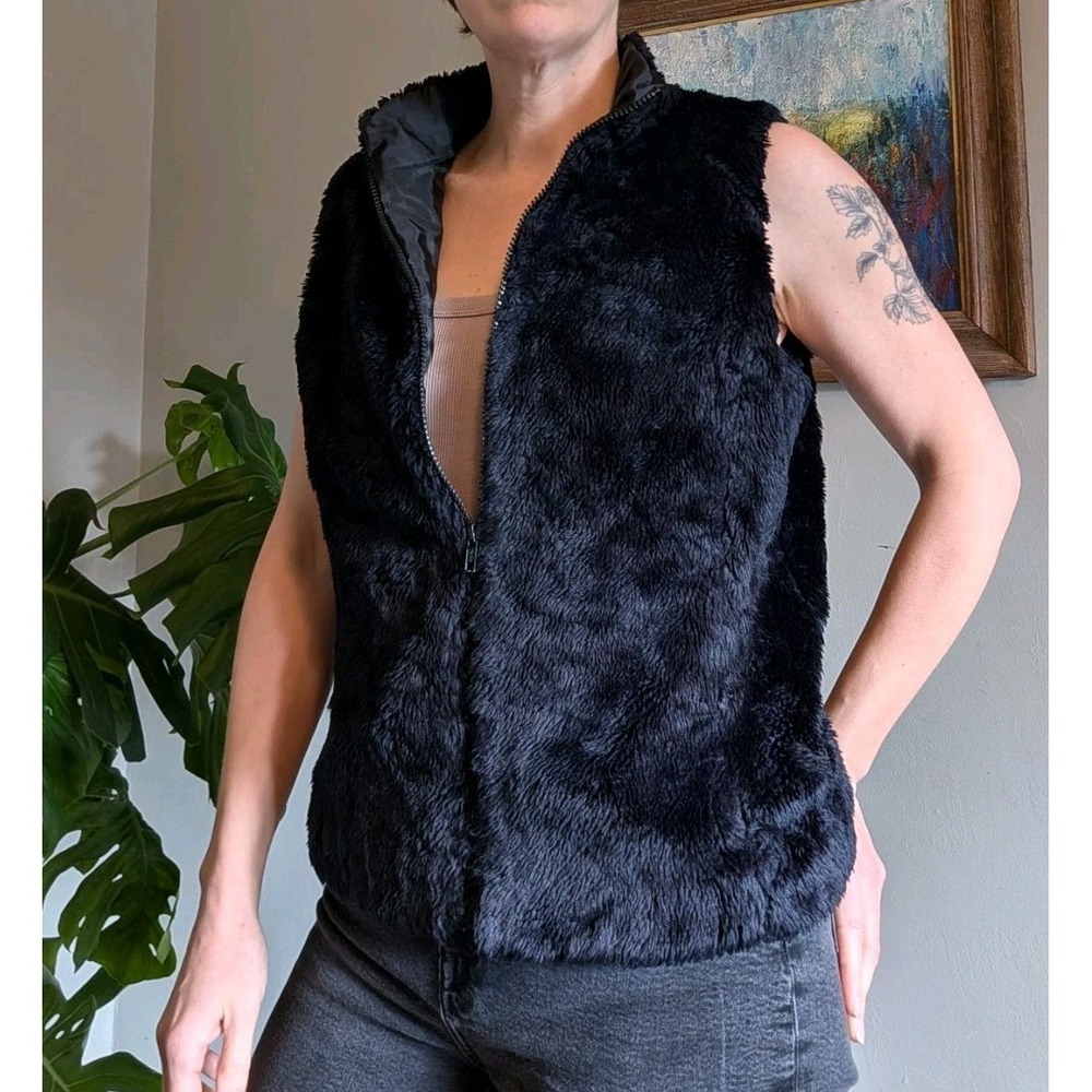 Vtg Y2K Mossimo Black Faux Fur‎ Zip Front Mock Neck Vest Size Medium Boho Hippie